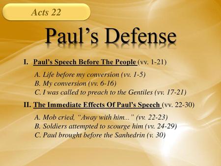 Paul’s Defense Acts 22 Paul’s Speech Before The People (vv. 1-21)