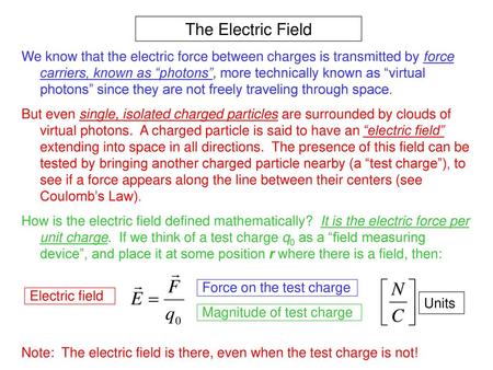 The Electric Field We know that the electric force between charges is transmitted by force carriers, known as “photons”, more technically known as “virtual.