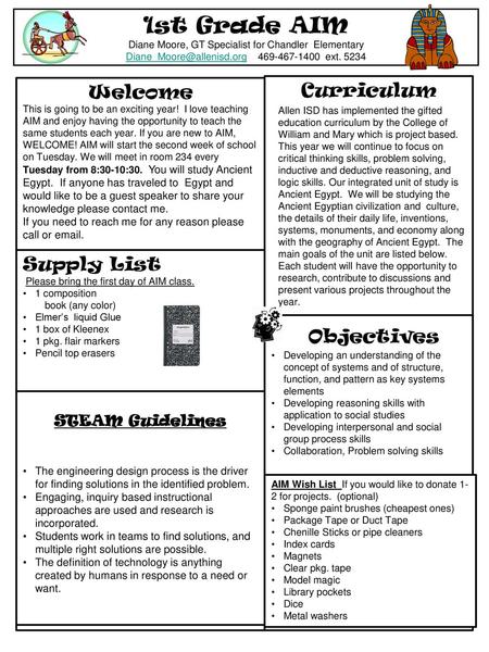 Objectives 1st Grade AIM Welcome Curriculum Supply List