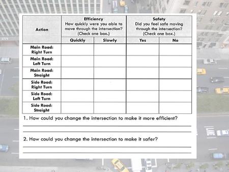 Do you think the current intersection model will work well for pedestrians? Why or why not? What could we change about the intersection to make it.