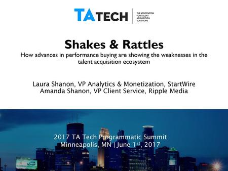 Shakes & Rattles How advances in performance buying are showing the weaknesses in the talent acquisition ecosystem Laura Shanon, VP Analytics & Monetization,