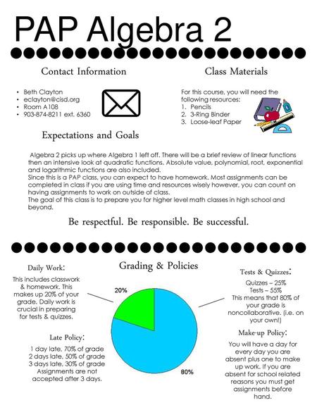 PAP Algebra 2 Contact Information Class Materials Beth Clayton eclayton@cisd.org Room A108 903-874-8211 ext. 6360 For this course, you will need the following.