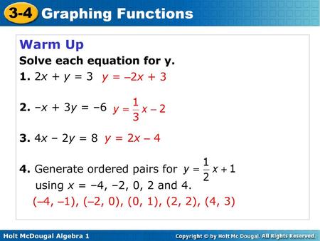 Warm Up Solve each equation for y. 1. 2x + y = 3 2. –x + 3y = –6