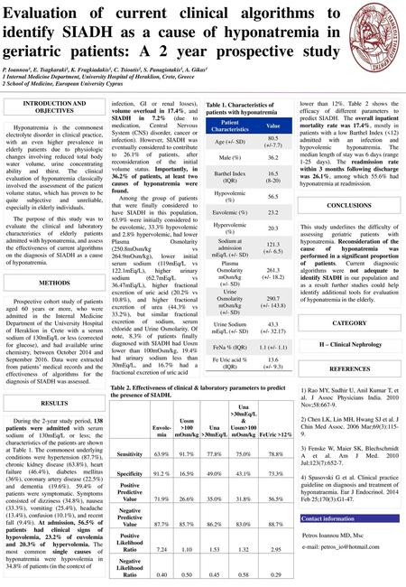 Evaluation of current clinical algorithms to identify SIADH as a cause of hyponatremia in geriatric patients: A 2 year prospective study P. Ioannou1,