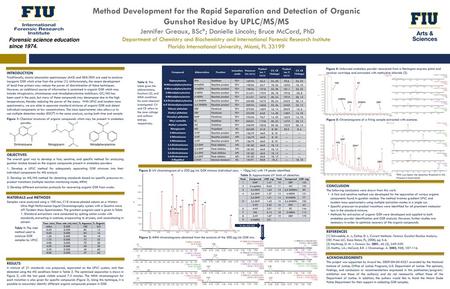 Method Development for the Rapid Separation and Detection of Organic Gunshot Residue by UPLC/MS/MS Jennifer Greaux, BSc*; Danielle Lincoln; Bruce McCord,