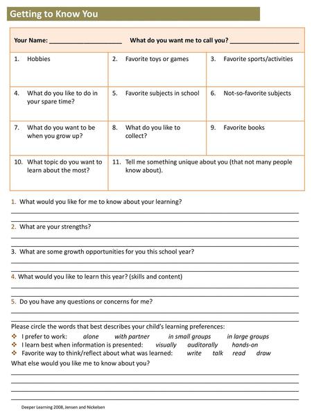 Getting to Know You Your Name: _____________________ What do you want me to call you? ____________________ Hobbies 2.	Favorite toys or games 3. 	Favorite.