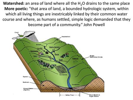 Watershed: an area of land where all the H2O drains to the same place More poetic: that area of land, a bounded hydrologic system, within which all living.