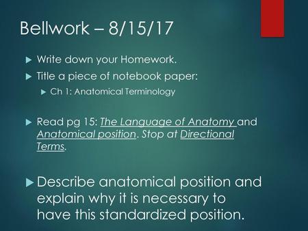 Bellwork – 8/15/17 Write down your Homework.