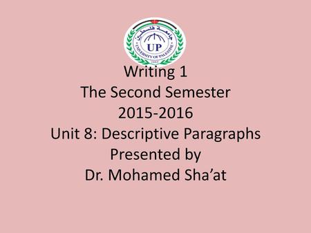 Writing 1 The Second Semester 2015-2016 Unit 8: Descriptive Paragraphs Presented by Dr. Mohamed Sha’at.