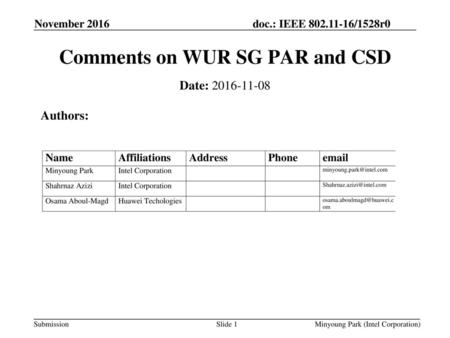 Comments on WUR SG PAR and CSD