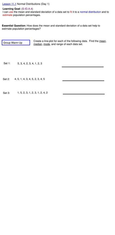 Lesson 11.1 Normal Distributions (Day 1)