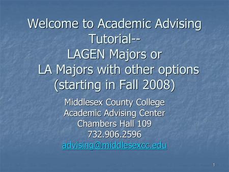 Welcome to Academic Advising Tutorial-- LAGEN Majors or LA Majors with other options (starting in Fall 2008) Middlesex County College Academic Advising.