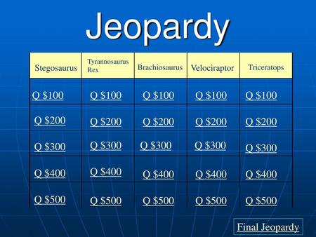 Jeopardy Q $100 Q $100 Q $100 Q $100 Q $100 Q $200 Q $200 Q $200