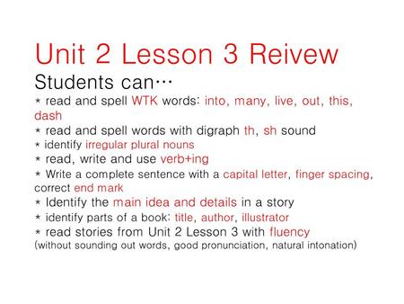 Unit 2 Lesson 3 Reivew Students can…