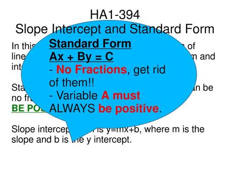 HA1-394 Slope Intercept and Standard Form