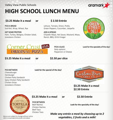 HIGH SCHOOL LUNCH MENU Valley View Public Schools