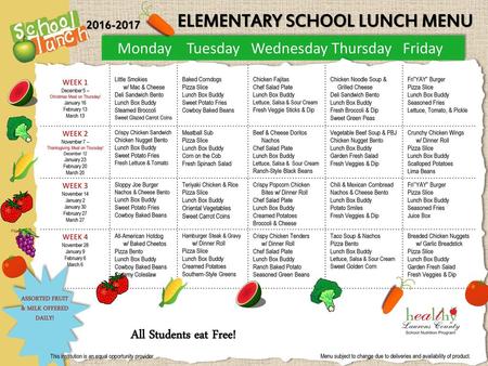 ELEMENTARY SCHOOL LUNCH MENU