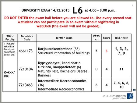 UNIVERSITY EXAM L6 at 4.00 – 8.00 p.m.