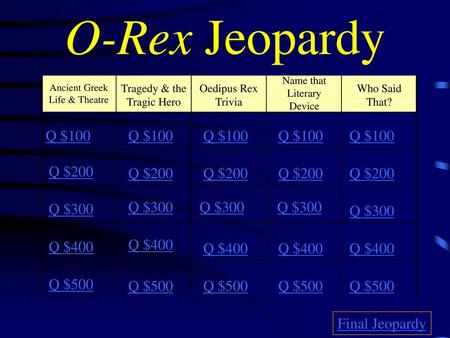 O-Rex Jeopardy Q $100 Q $100 Q $100 Q $100 Q $100 Q $200 Q $200 Q $200