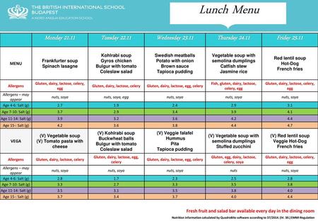 Lunch Menu Monday Tuesday Wednesday Thursday 24.11