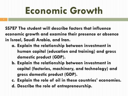 Economic Growth SS7E7 The student will describe factors that influence economic growth and examine their presence or absence in Israel, Saudi Arabia, and.