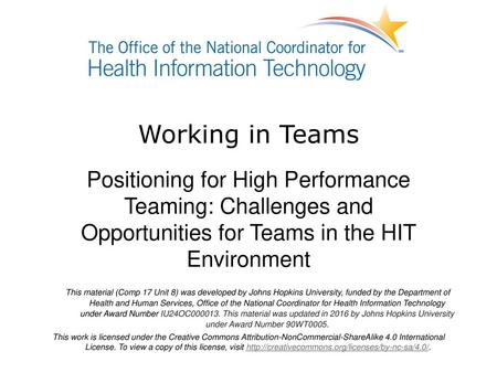 Working in Teams Positioning for High Performance Teaming: Challenges and Opportunities for Teams in the HIT Environment Welcome to Working in Teams: Positioning.