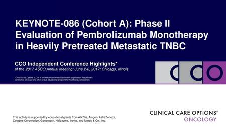 KEYNOTE-086 (Cohort A): Phase II Evaluation of Pembrolizumab Monotherapy in Heavily Pretreated Metastatic TNBC CCO Independent Conference Highlights* of.