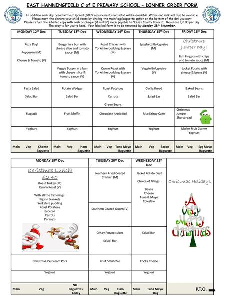 EAST HANNINGFIELD C of E PRIMARY SCHOOL – DINNER ORDER FORM