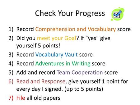 Check Your Progress Record Comprehension and Vocabulary score