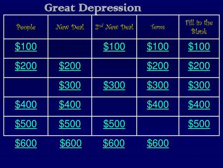 Great Depression $100 $200 $300 $400 $500 $600 Fill in the Blank