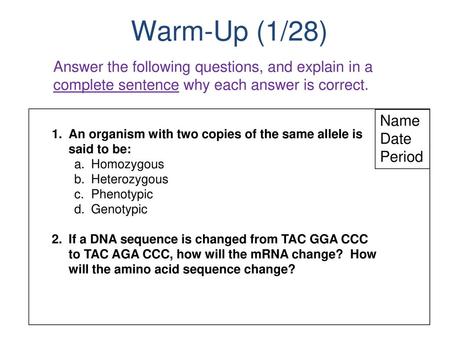 Warm-Up (1/28) Answer the following questions, and explain in a complete sentence why each answer is correct. Name Date Period An organism with two copies.