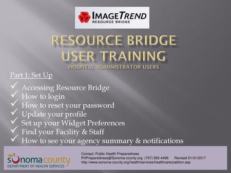 Resource Bridge User Training Hospital Administrator users