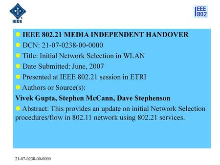 IEEE MEDIA INDEPENDENT HANDOVER