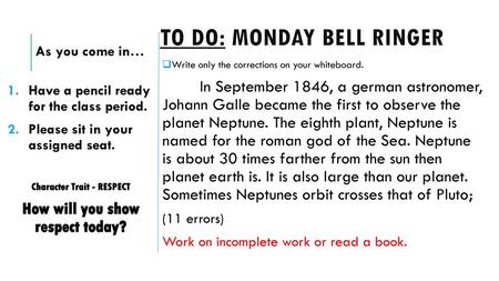 To Do: monday bell ringer