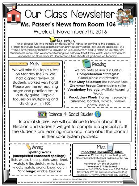 Ms. Passer’s News from Room 106 Important Upcoming Dates: