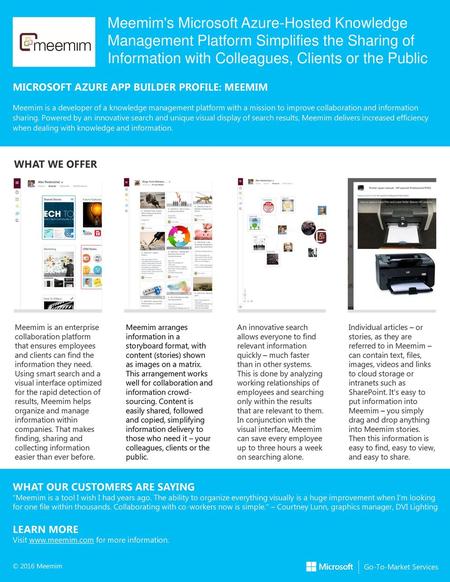 Meemim's Microsoft Azure-Hosted Knowledge Management Platform Simplifies the Sharing of Information with Colleagues, Clients or the Public MICROSOFT AZURE.