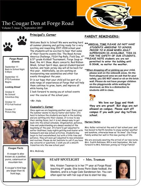 The Cougar Den at Forge Road Volume 7, Issue 1, September 2017