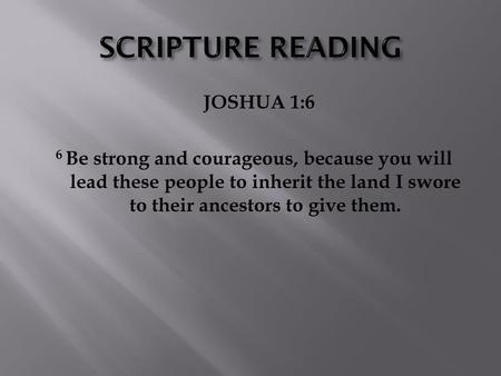 SCRIPTURE READING JOSHUA 1:6 6 Be strong and courageous, because you will lead these people to inherit the land I swore to their ancestors to give them.