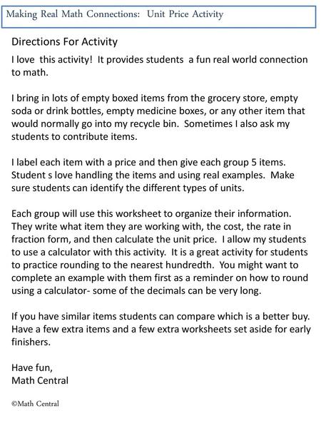 Making Real Math Connections: Unit Price Activity