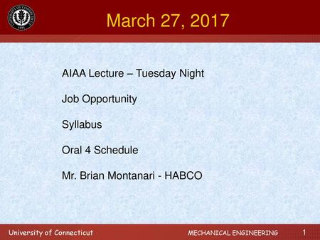 March 27, 2017 AIAA Lecture – Tuesday Night Job Opportunity Syllabus