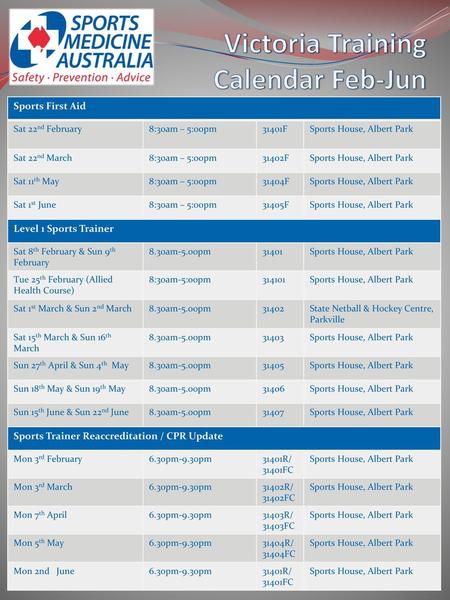 Victoria Training Calendar Feb-Jun