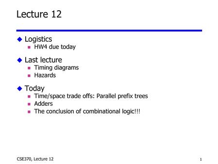 Lecture 12 Logistics Last lecture Today HW4 due today Timing diagrams