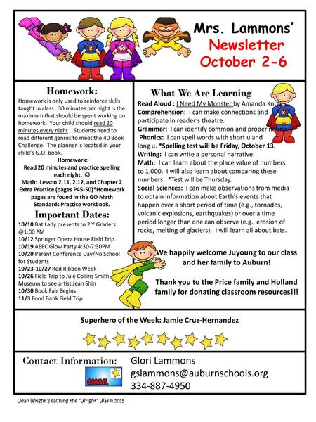 Mrs. Lammons’ Newsletter October 2-6