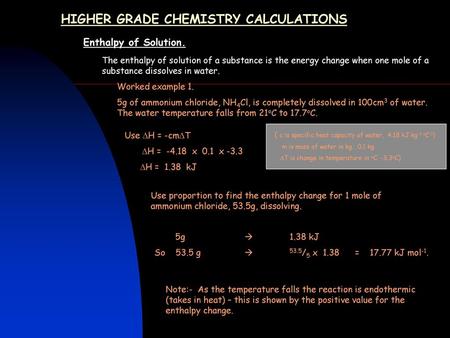 HIGHER GRADE CHEMISTRY CALCULATIONS