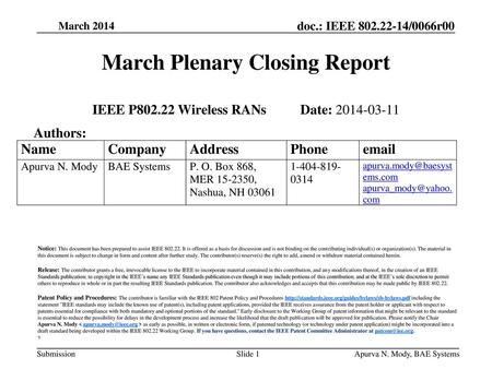 March Plenary Closing Report