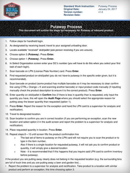 Putaway Process Standard Work Instruction: Putaway Process