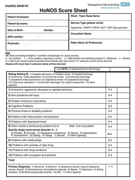 HoNOS Score Sheet Place sticker here HoNOS 2009/10 Patient Forename: