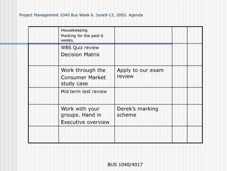 Project Management 1040 Bus Week 6. June9-13, Agenda