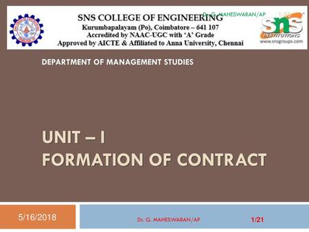 UNIT – I FORMATION OF CONTRACT