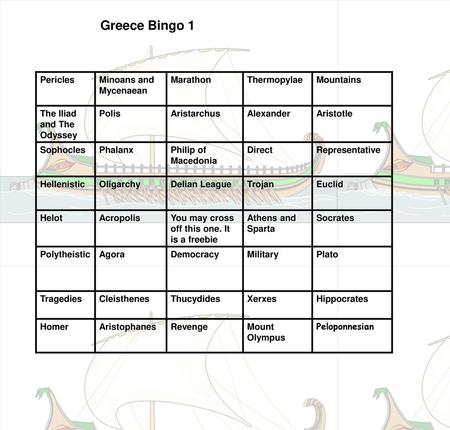 Greece Bingo 1 Pericles Minoans and Mycenaean Marathon Thermopylae